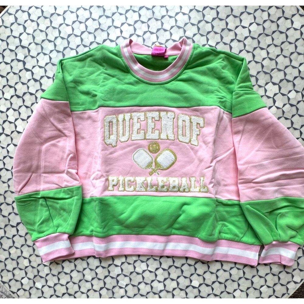 Queen Of Sparkles Green & Pink Pickleball Sweatshirt Medium NWOT